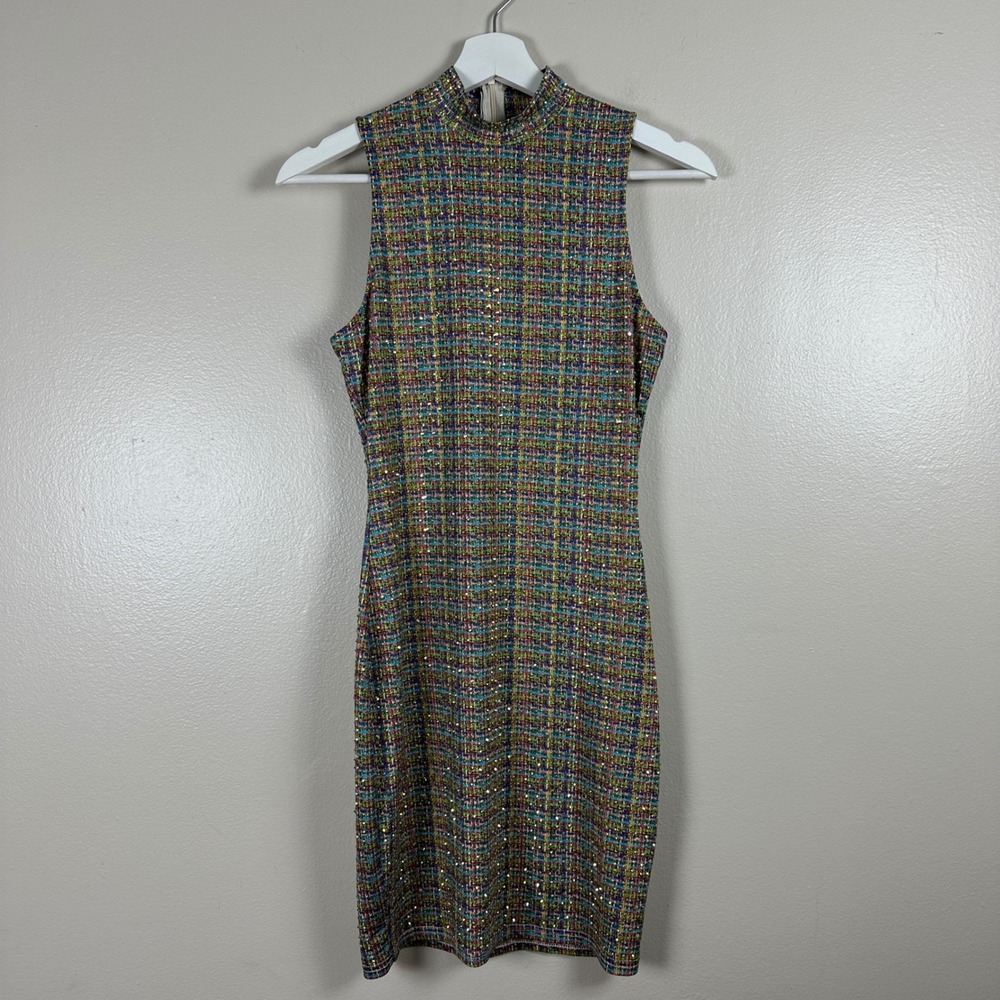 Banjul Women's Medium Sheath‎ Dress Multi-color Plaid Rhinestone Mock Neck Party